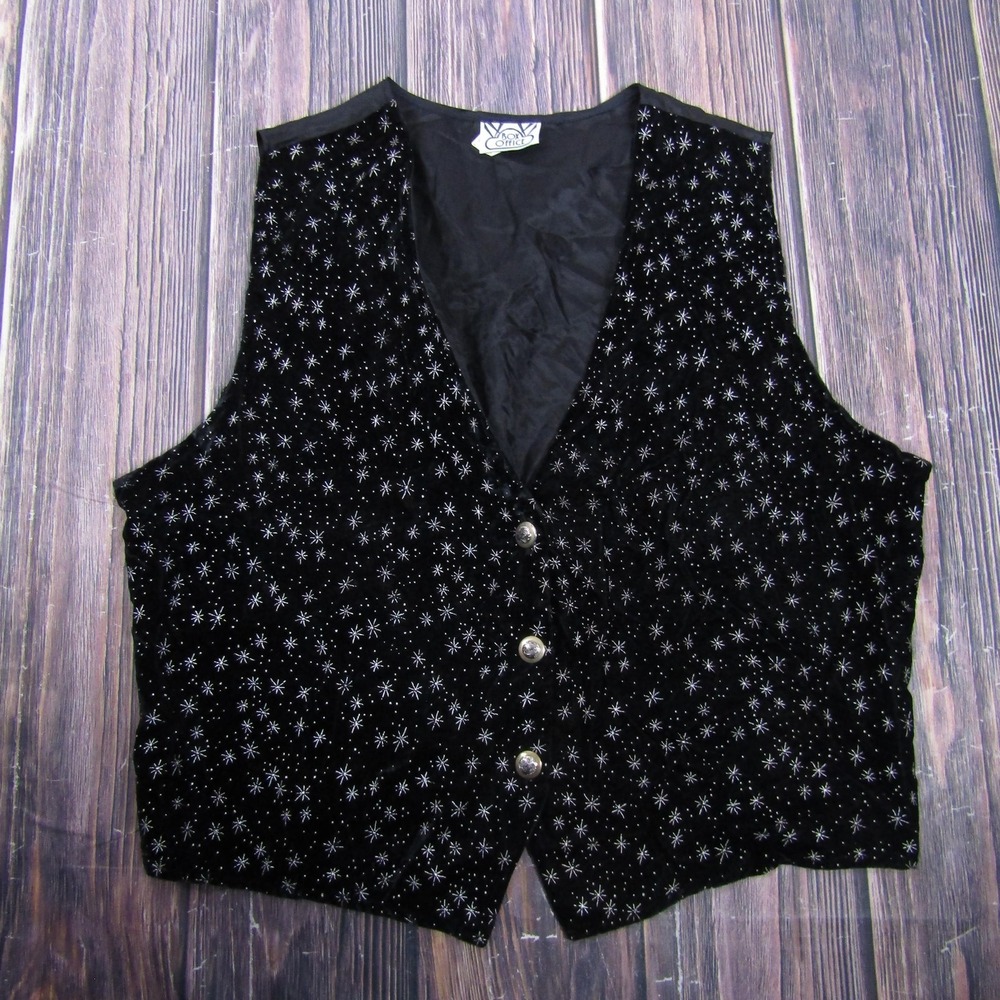 Box Office Vest Womens 3X Black Velvet Celestial Stars Embroidered Button Front